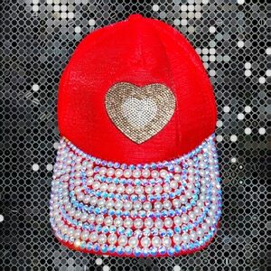 Women's Bling Fashion Pearls and Rhinestones Heart Statement Baseball Cap